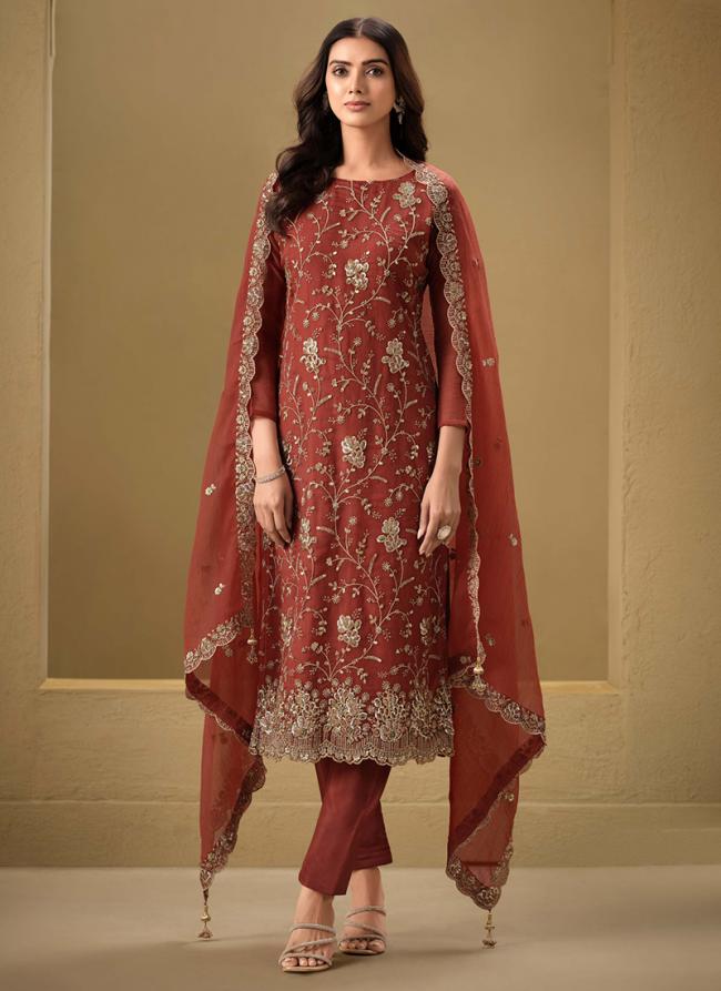 Organza Rust Wedding Wear Embroidery Work Straight Salwar Suit